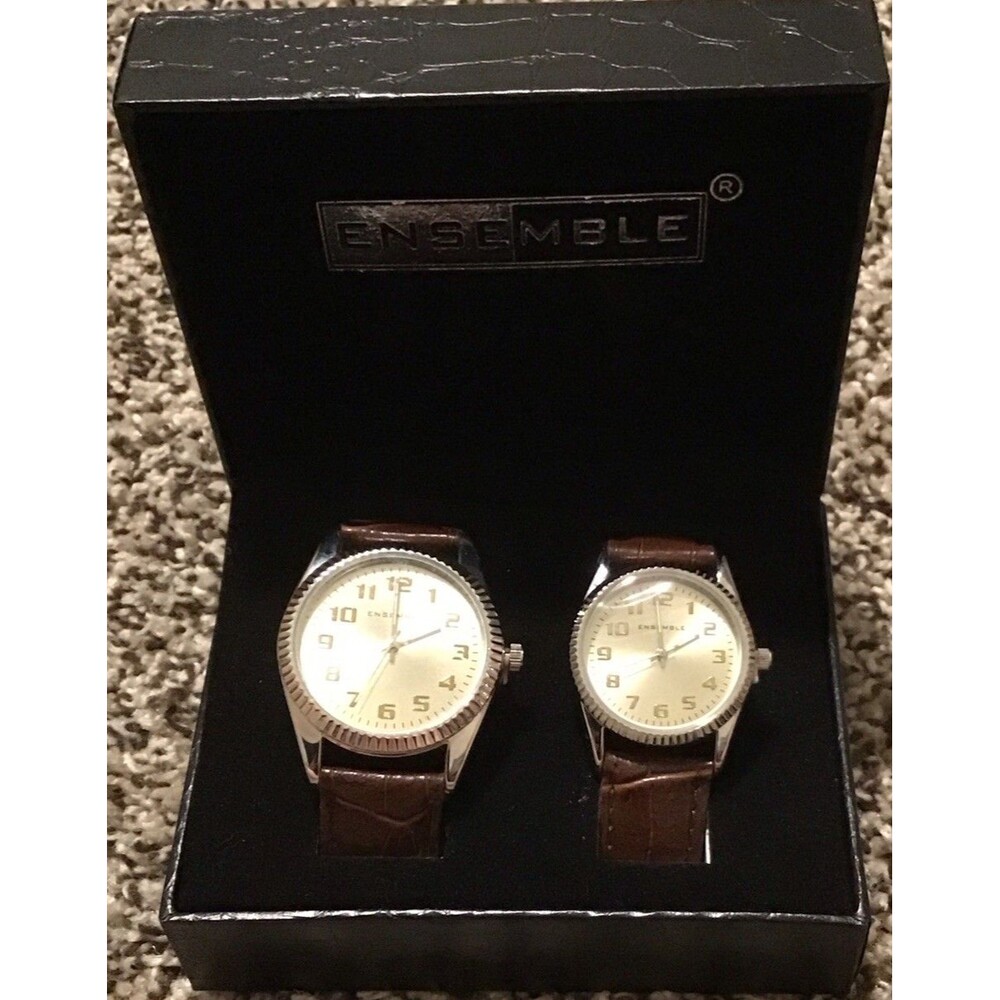 Ensemble His & Hers Watch Set Silver Dial with Brown Strap NEW in Gift Box